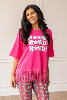 Howdy Howdy Howdy on Studded Fringe Crop Top, Hot Pink