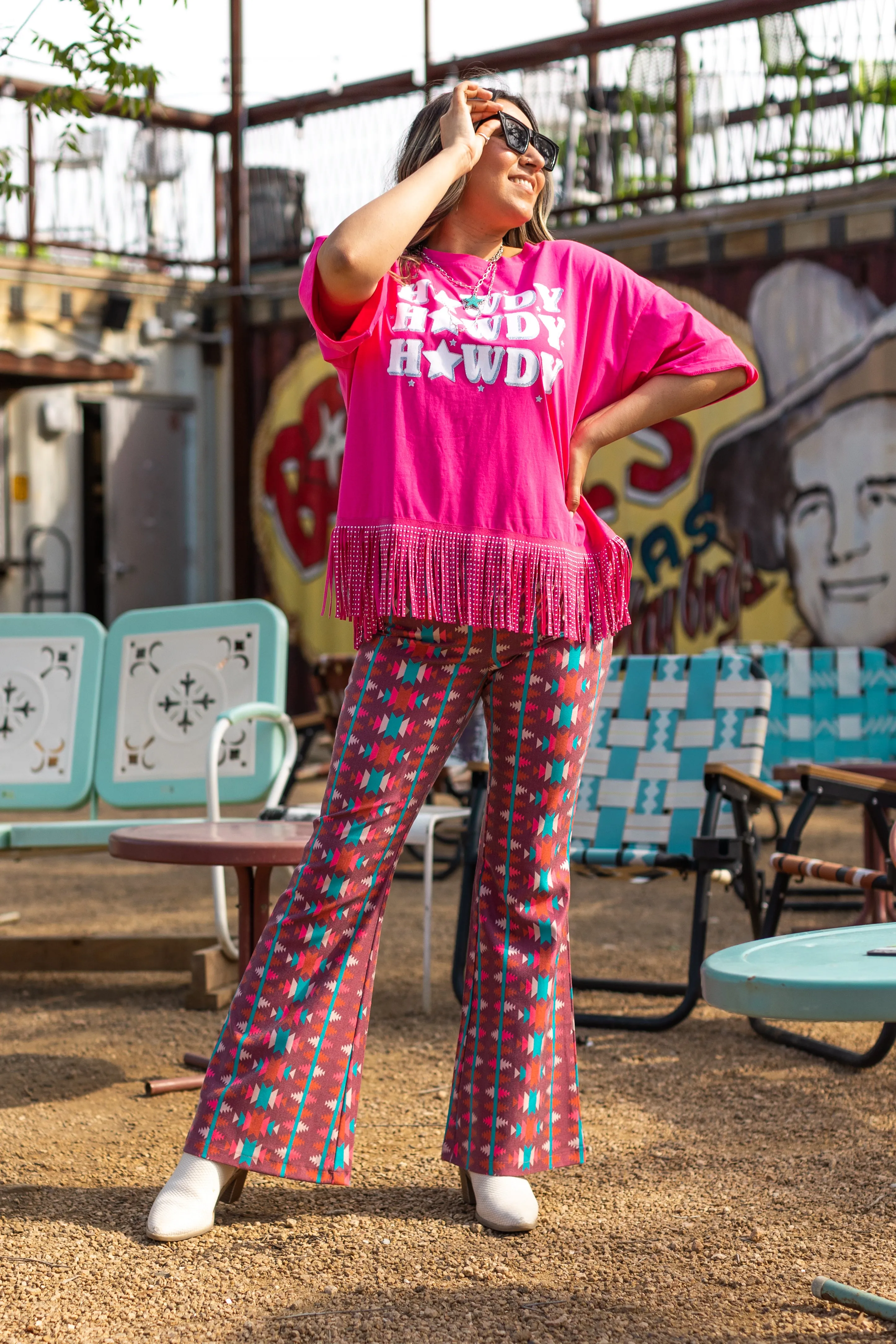 Howdy Howdy Howdy on Studded Fringe Crop Top, Hot Pink