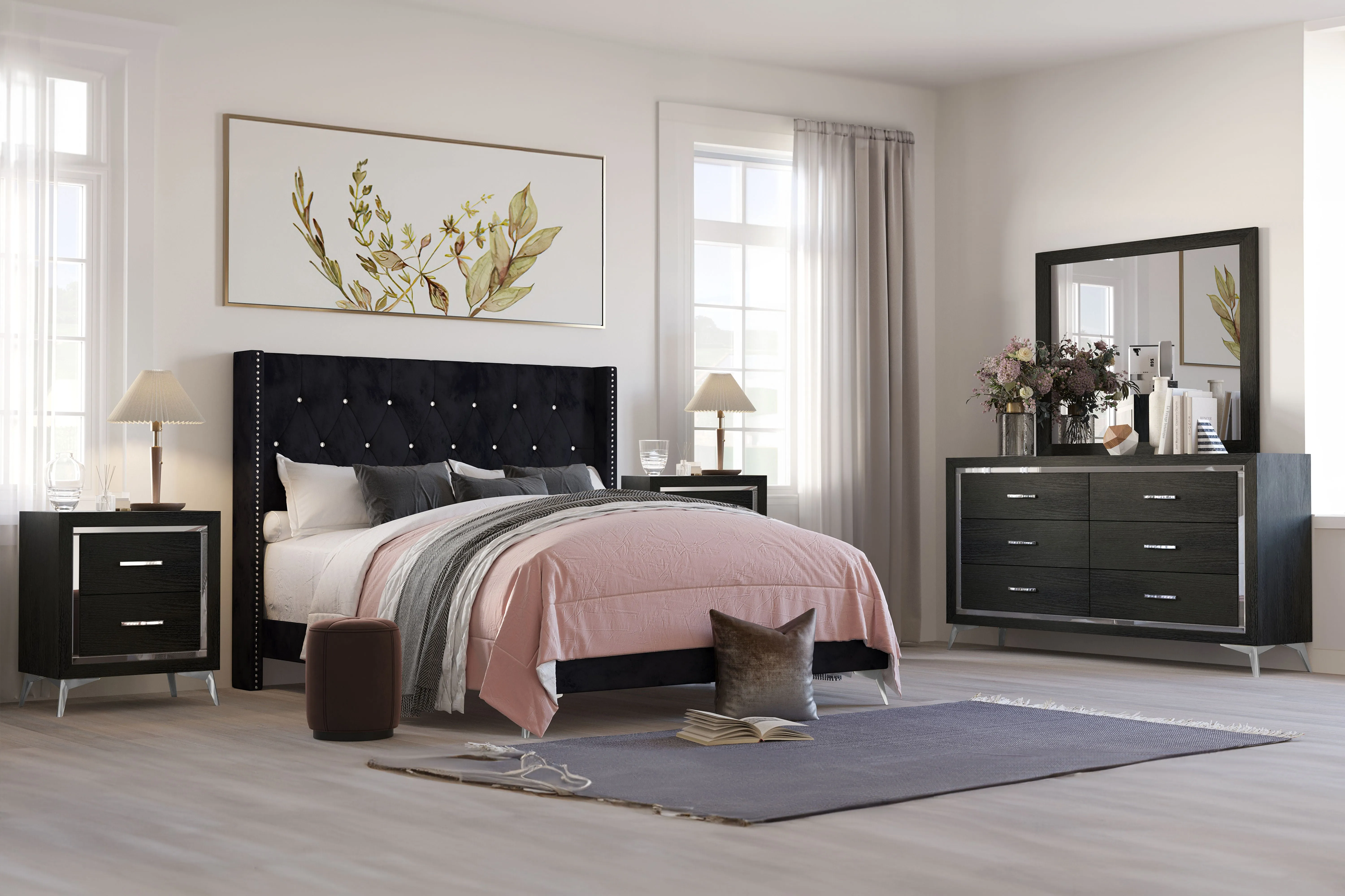 Huxley - 6/6 Eastern King 5 Piece Bedroom Set (Bed, Dresser, Mirror, 2 Nightstands) - Black