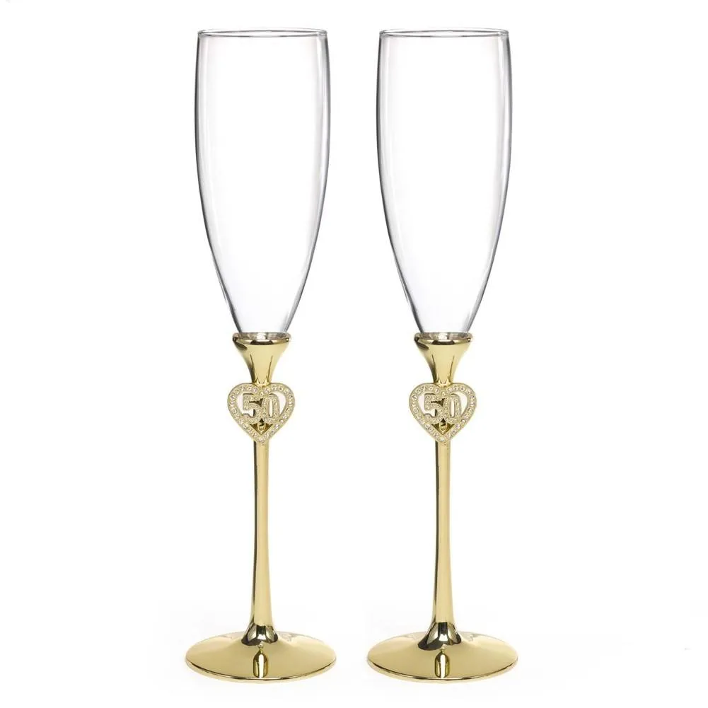 Jeweled 50th Anniversary Flutes with Brass Plated Stems and Rhinestone Studded Accents