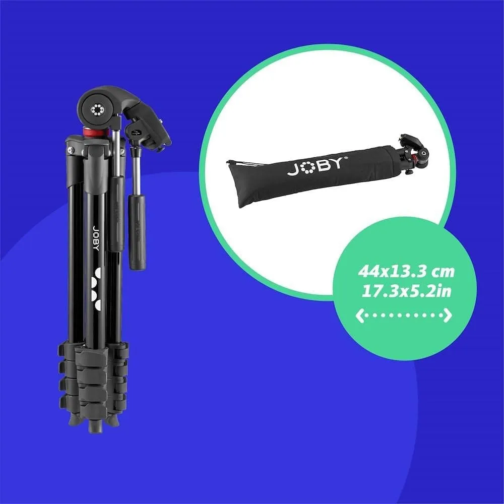 JOBY Compact Advanced Camera Tripod with 3-Way Head - Universal ¼-20” Quick Release, Carrying Bag Included - Compatible with CSC, DSLR, Mirrorless Cameras, Smartphones - Black