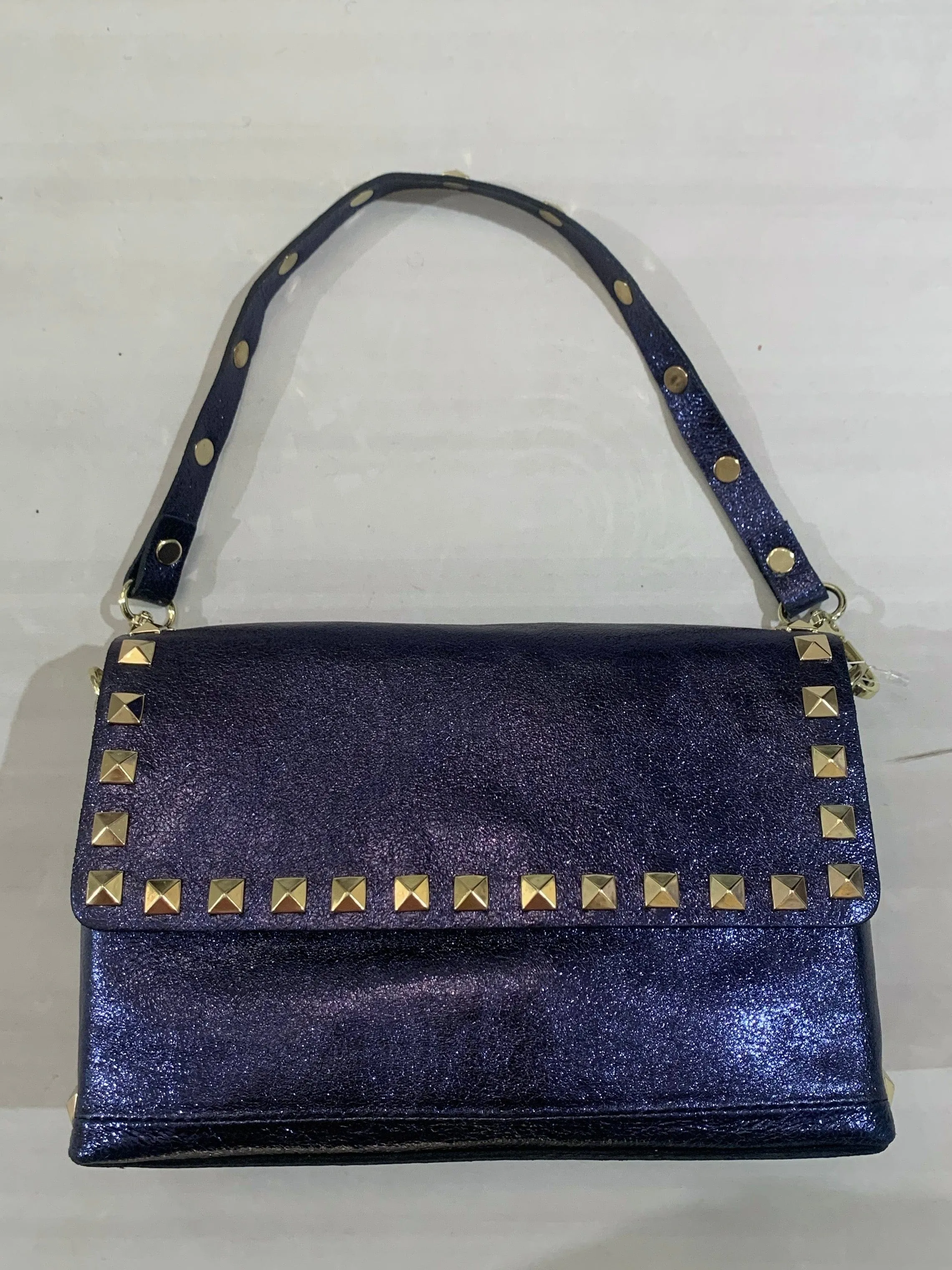 Jodi Studded Metallic Leather Clutch Navy