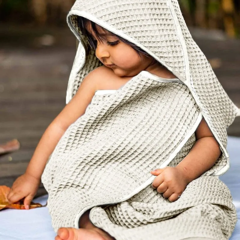 Kids Organic Cotton Waffle Hooded Towel Set - Natural