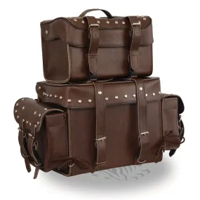 Large Antique Brown Four Piece Studded PVC Touring Pack w/ Barrel Bag (18X16X9)