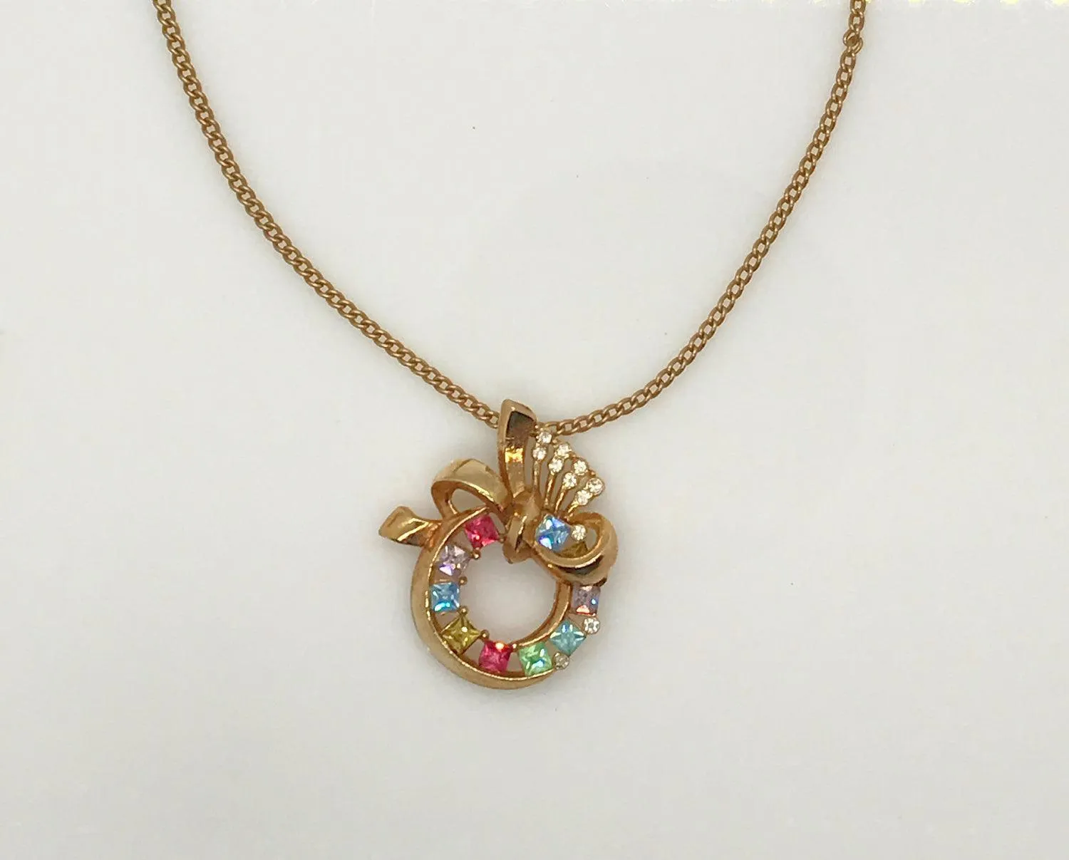 Lisner Pastel Rhinestones Vintage Circle Pendant and Chain