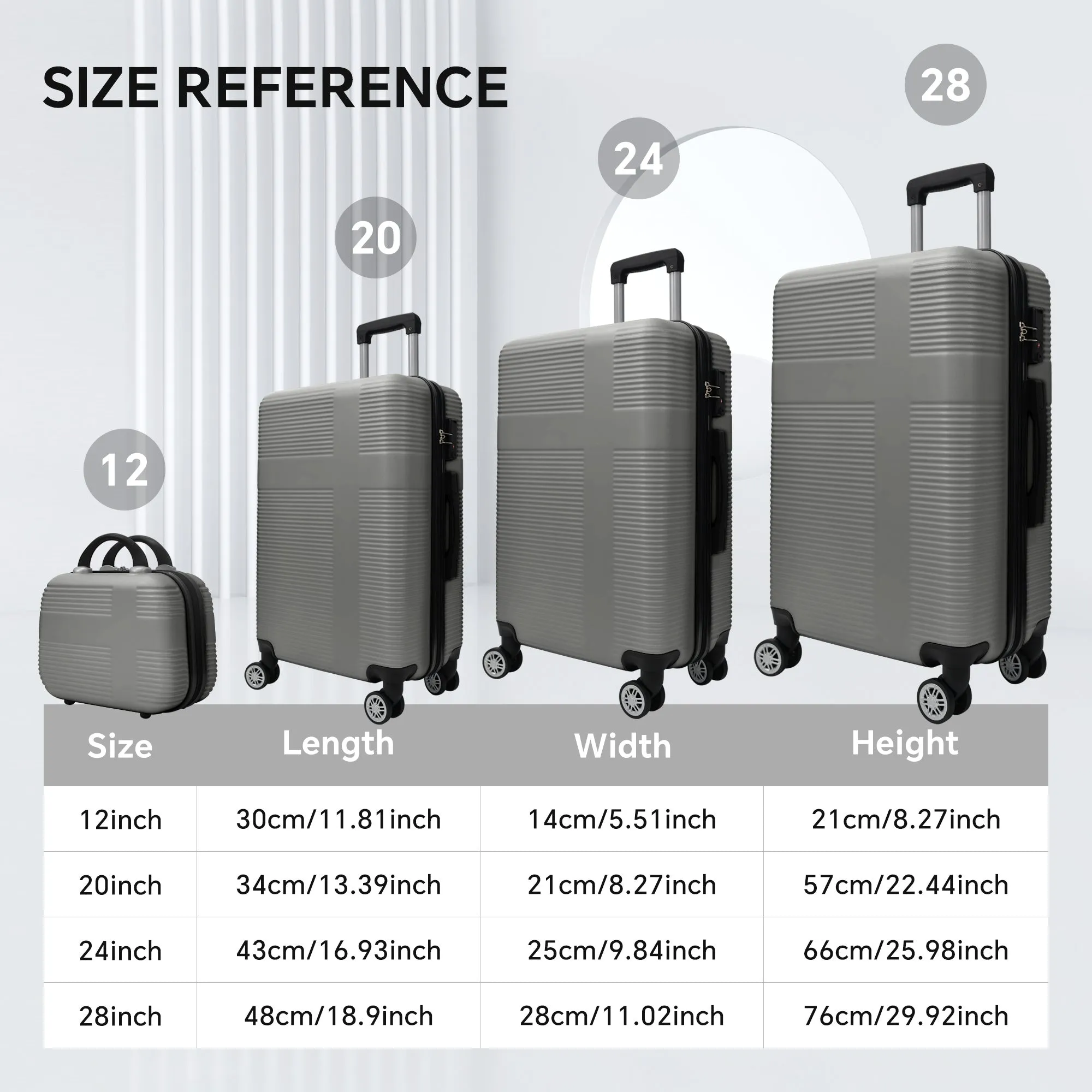 Luggage 4 Piece Set with Spinner Wheels, Hardshell Lightweight Suitcase with TSA Lock,Checked Luggage,Silver Gray(12/20/24/28in)