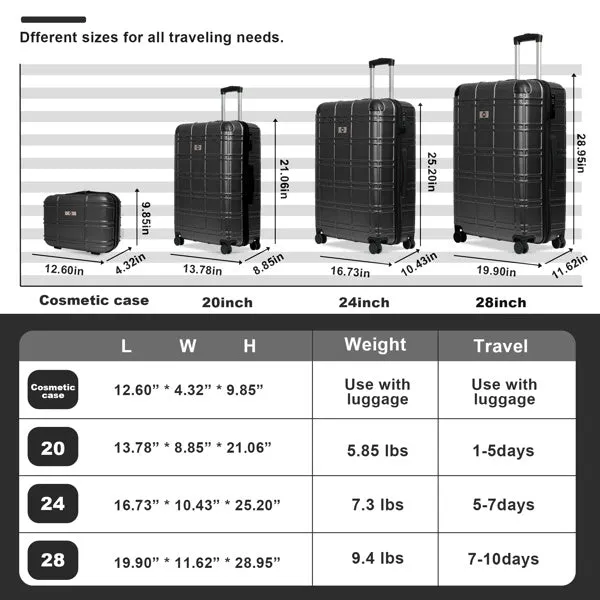 Luggage Sets ABS PC Hardshell 4pcs Luggage Hardside Lightweight Durable Suitcase sets Spinner Wheels Suitcase with TSA Lock (12/20/24/28),black