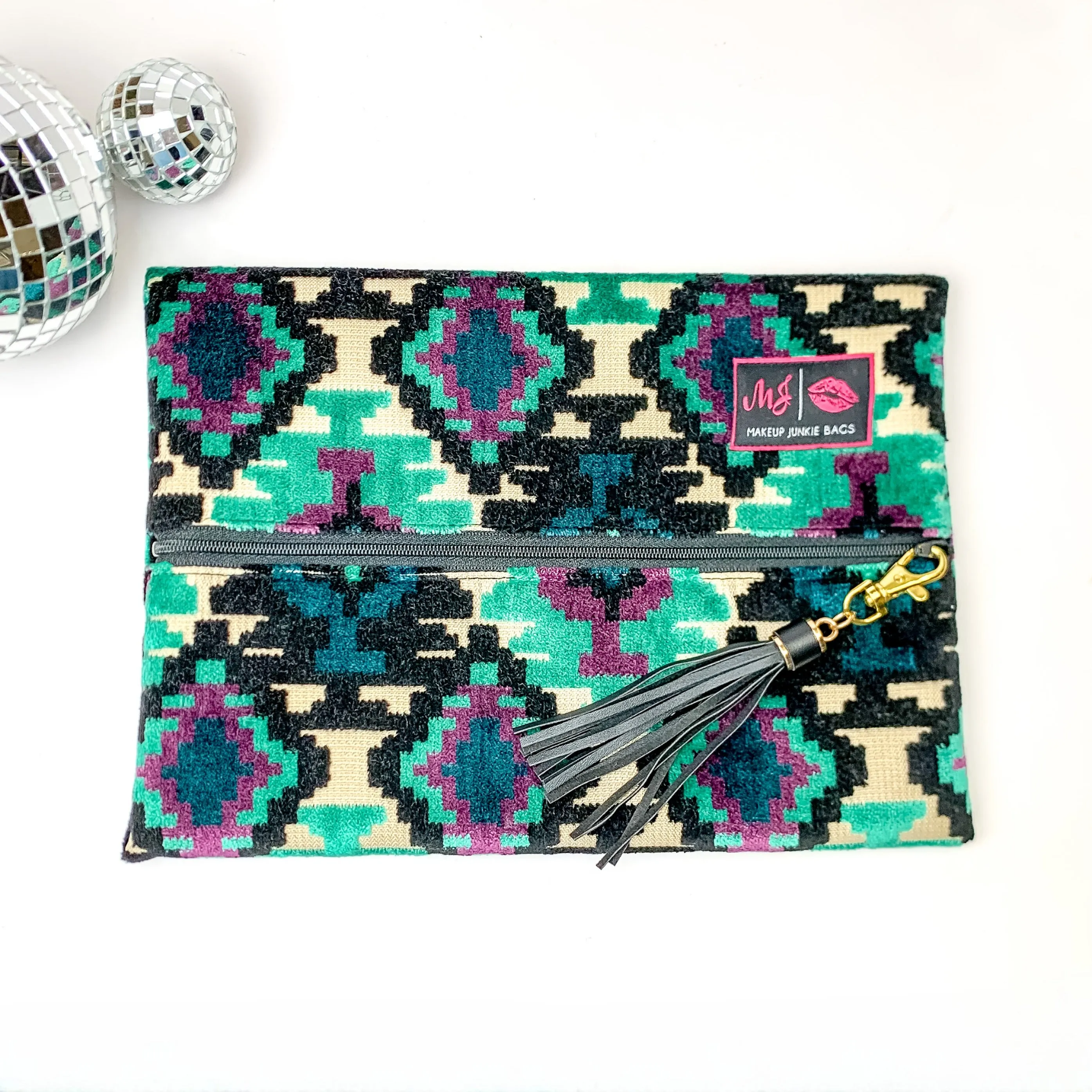 Makeup Junkie | Medium Midnight Aztec Lay Flat Bag in Turquoise Green and Black Mix