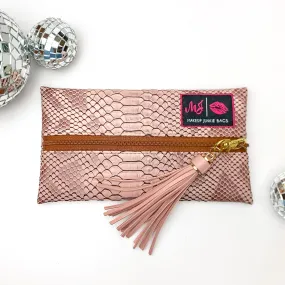 Makeup Junkie | Mini Copperazzi Lay Flat Bag in Dusty Pink Snake Print