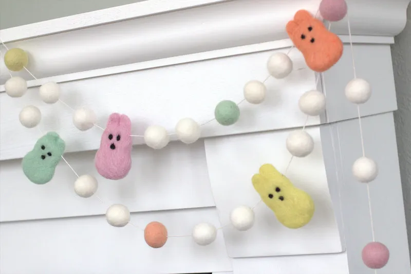 Marshmallow Bunny Easter Garland- White Balls & Pastel Felt Balls