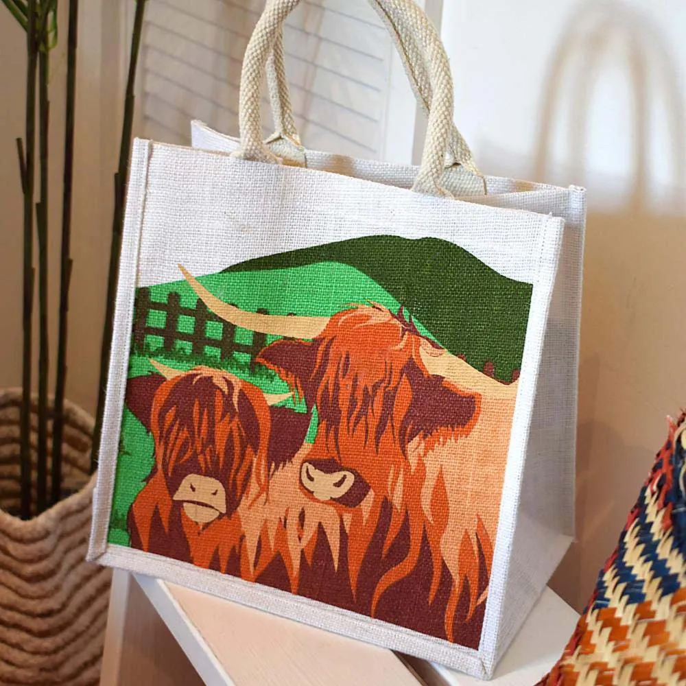 Medium Jute Shopping Bag by Shared Earth - Highland Cattle