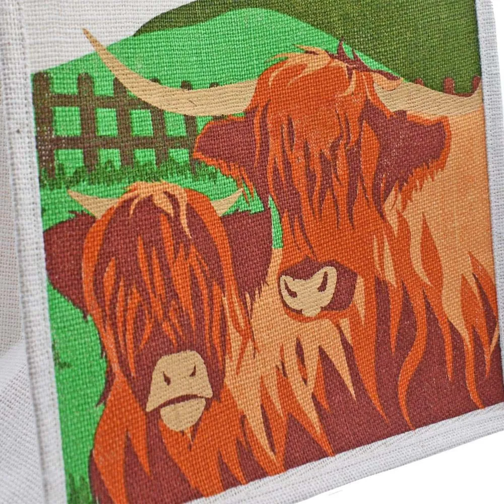 Medium Jute Shopping Bag by Shared Earth - Highland Cattle