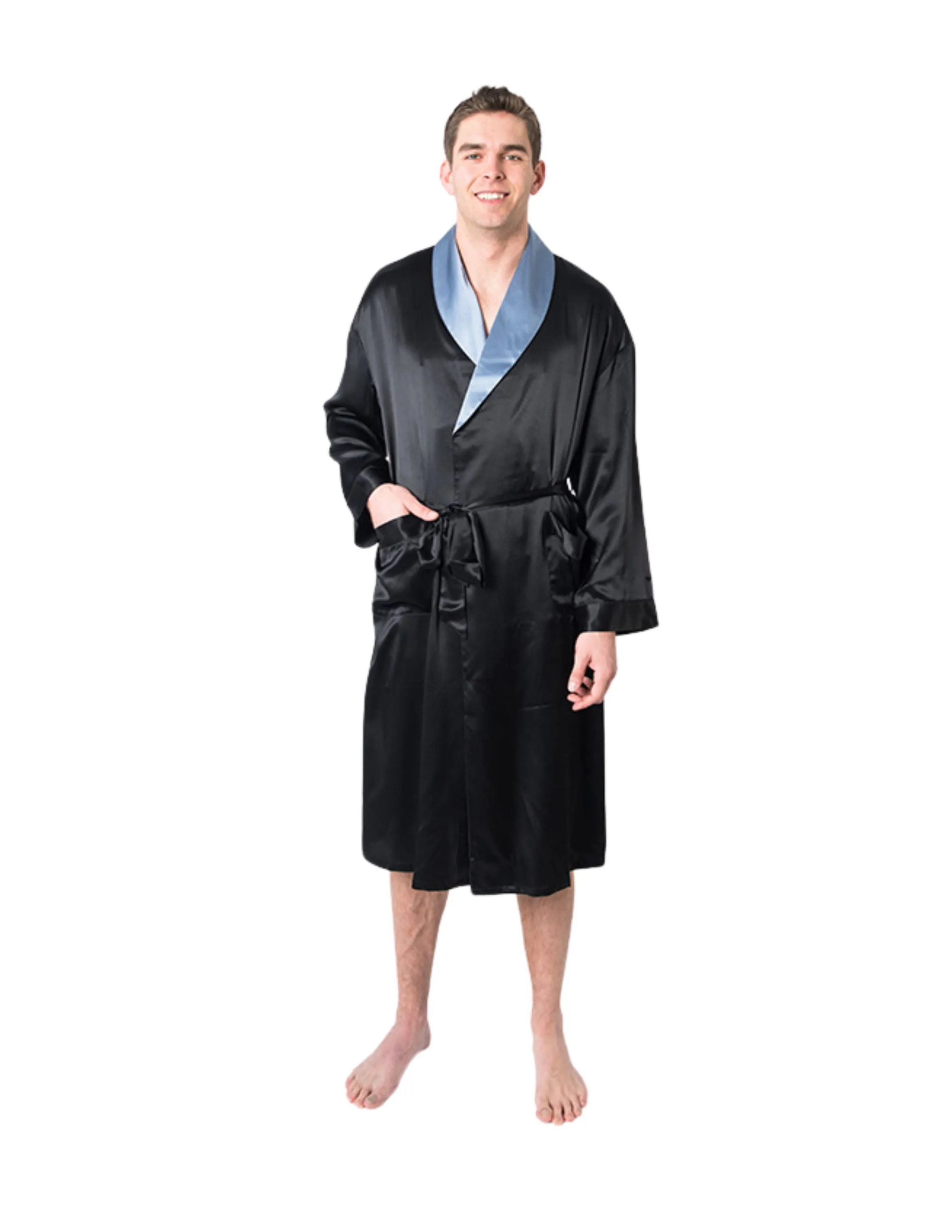 Men's Black Mulberry Silk Robe with Twilight Collar