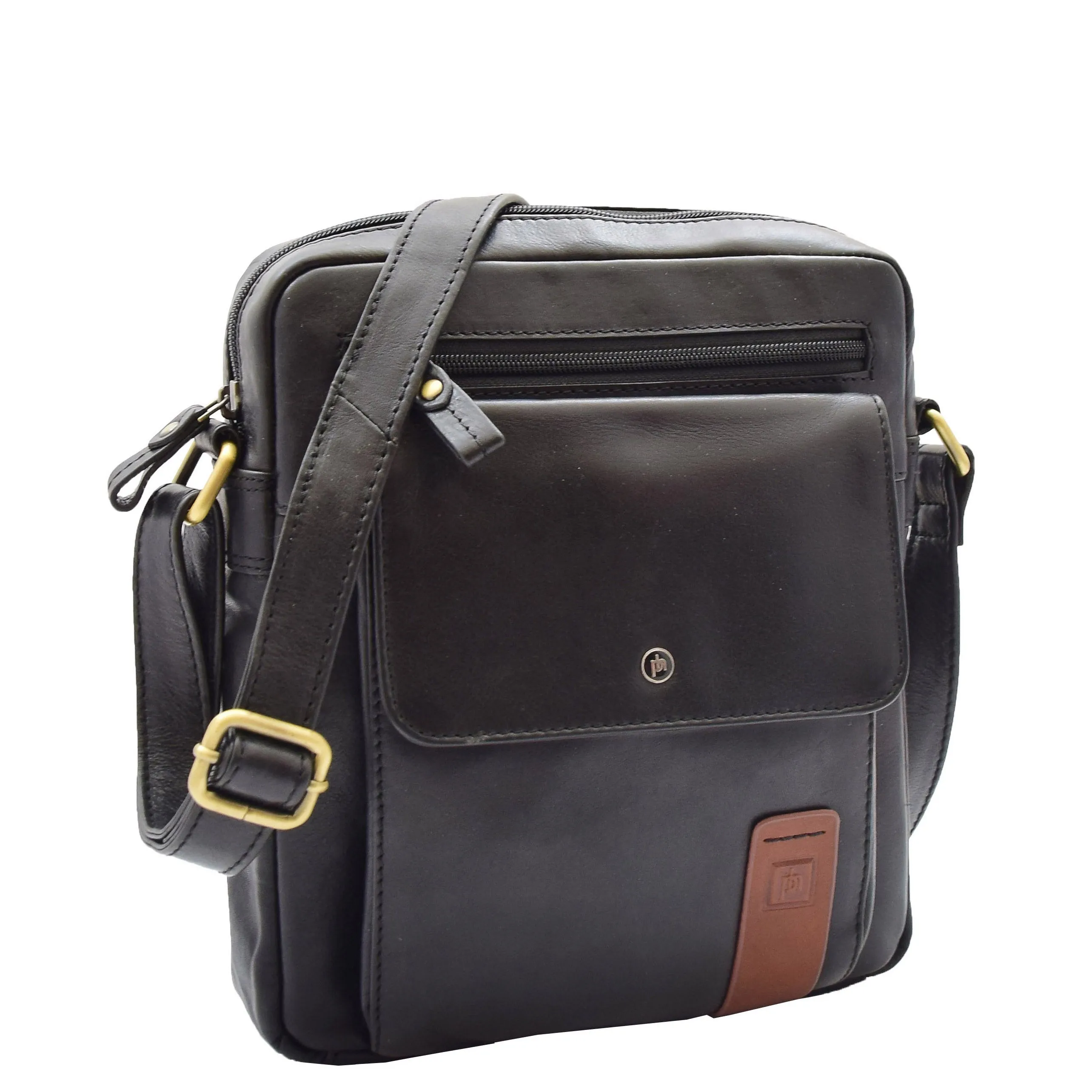 Mens Genuine Leather Trendy Messenger Cross Body Bag Casual Organiser Leo Black