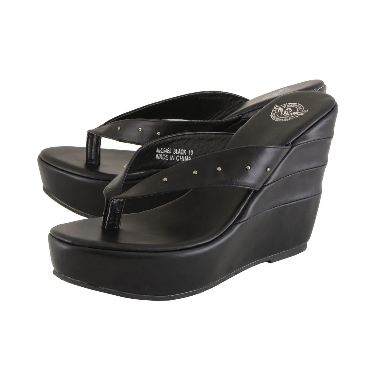 Milwaukee Leather MBL9460 Women's Black Wedge Sandals with Studded Straps