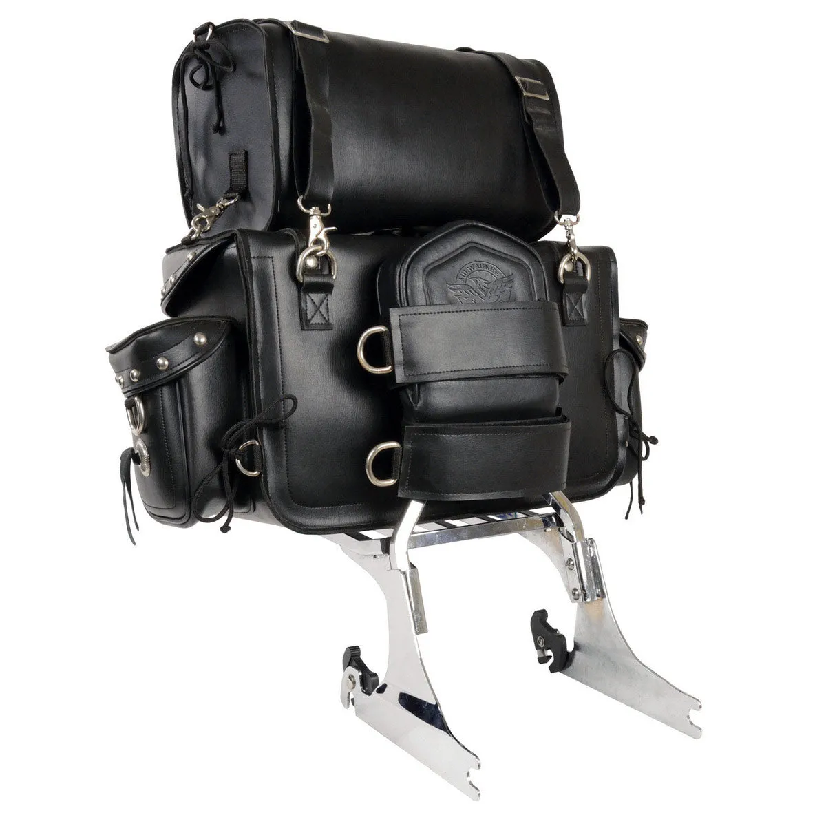 Milwaukee Leather MP8100S Large Black PVC 2-Piece Studded Motorcycle Touring Pack Sissy Bar Bag