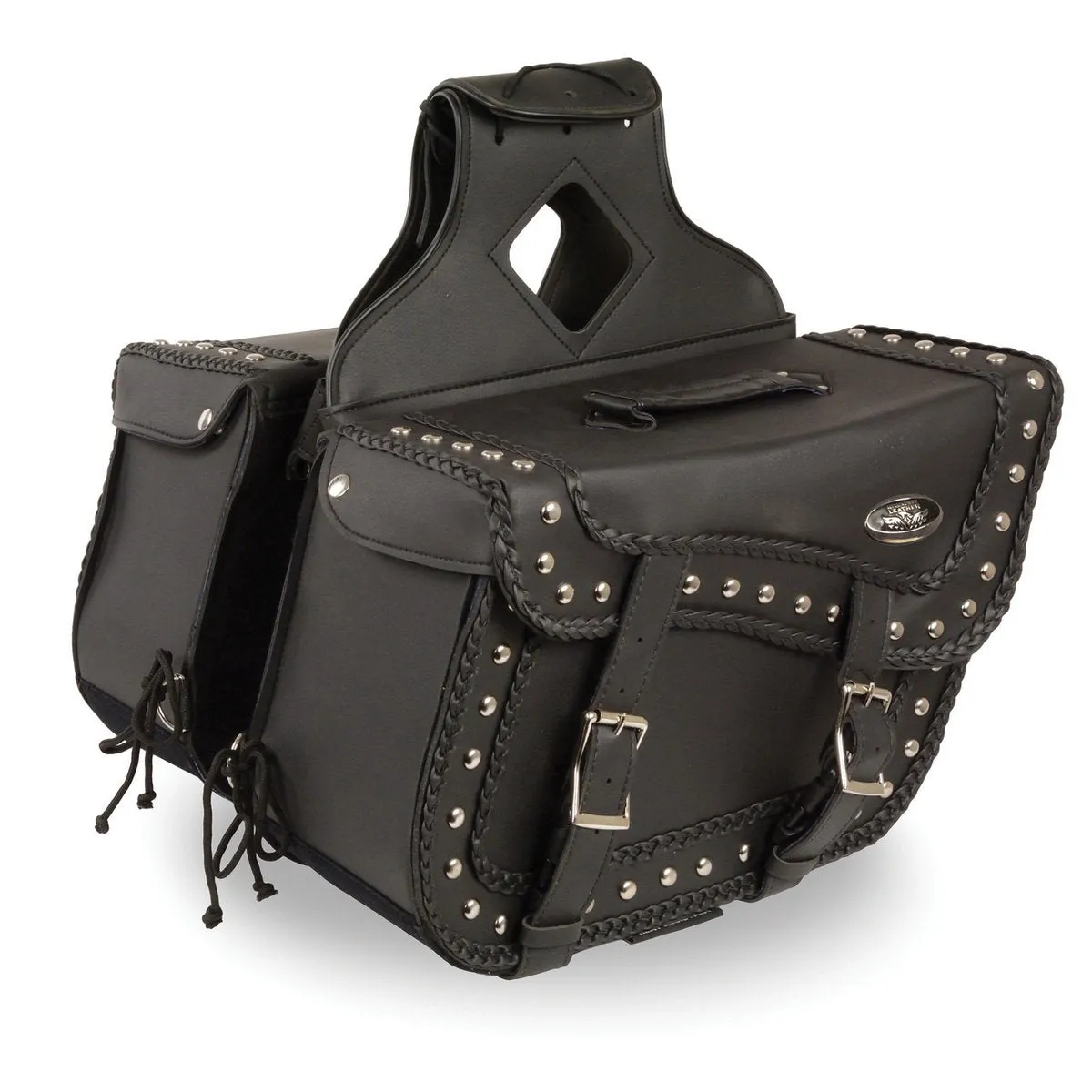 Milwaukee Leather SH66401ZB Black Large 'Studded and Braided' Zip-Off PVC Throw Over Motorcycle Saddle Bag