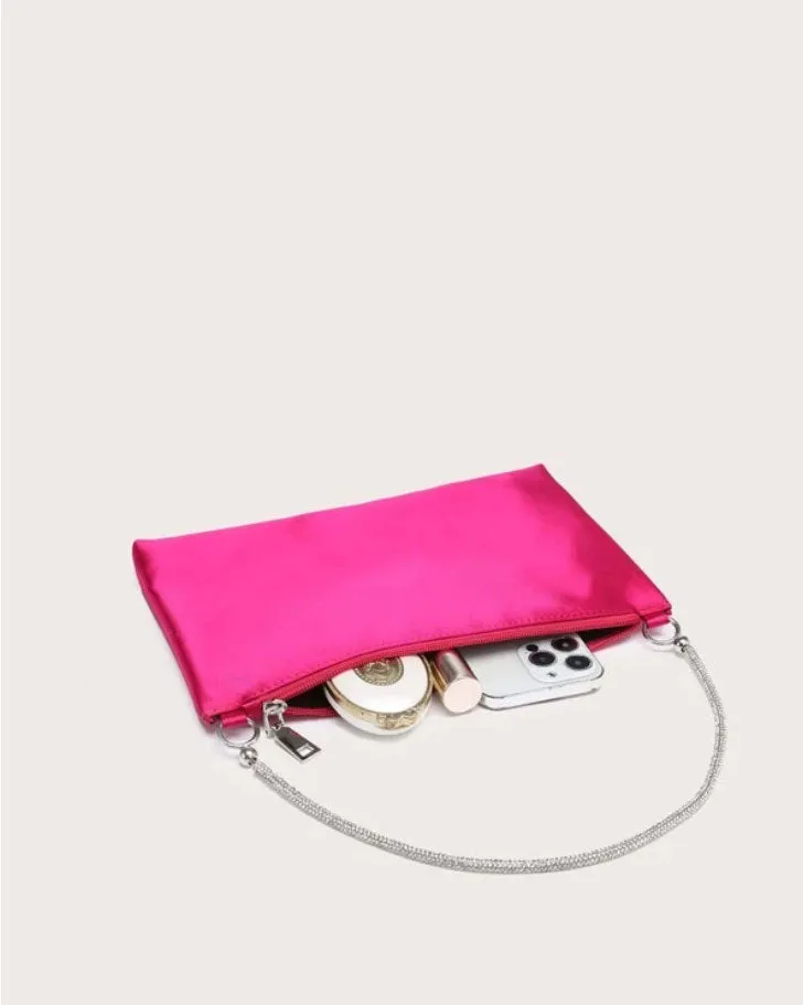 Neon Pink Satin Rhinestone Chain Purse Handbag