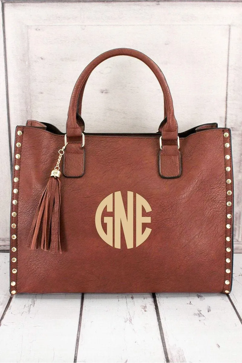 NGIL Brown Faux Leather Studded 2-in-1 Tassel Tote