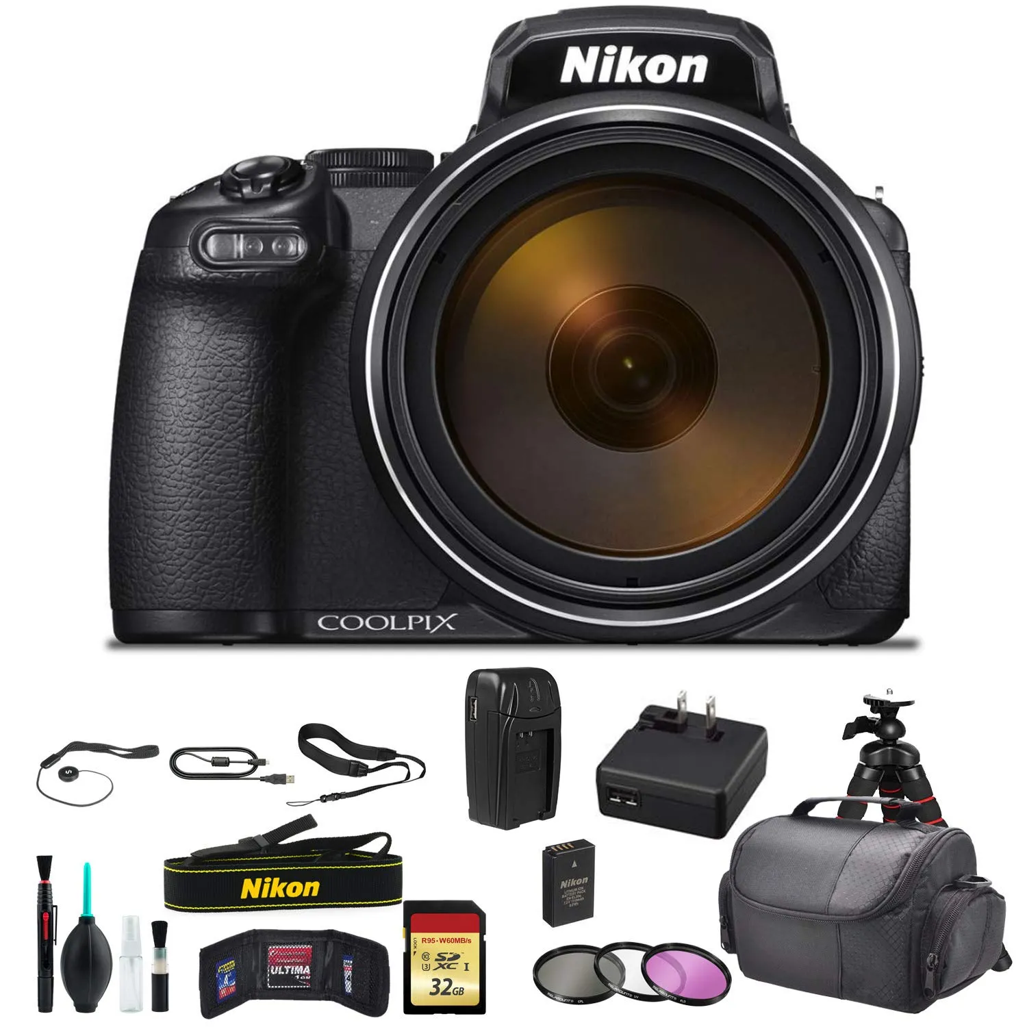 Nikon COOLPIX P1000 16.7 Digital Camera with 3.2" LCD, Black - Bundle Kit with 32GB Memory Card   Spare Battery   Spare