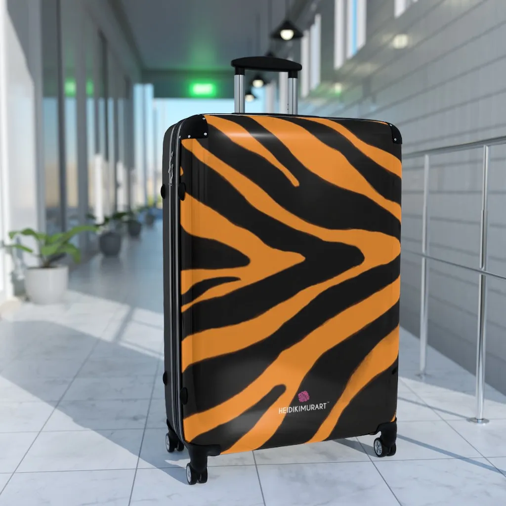 Orange Zebra Print Suitcases, Orange and Black Zebra Striped Animal Print Designer Suitcase Luggage (Small, Medium, Large)