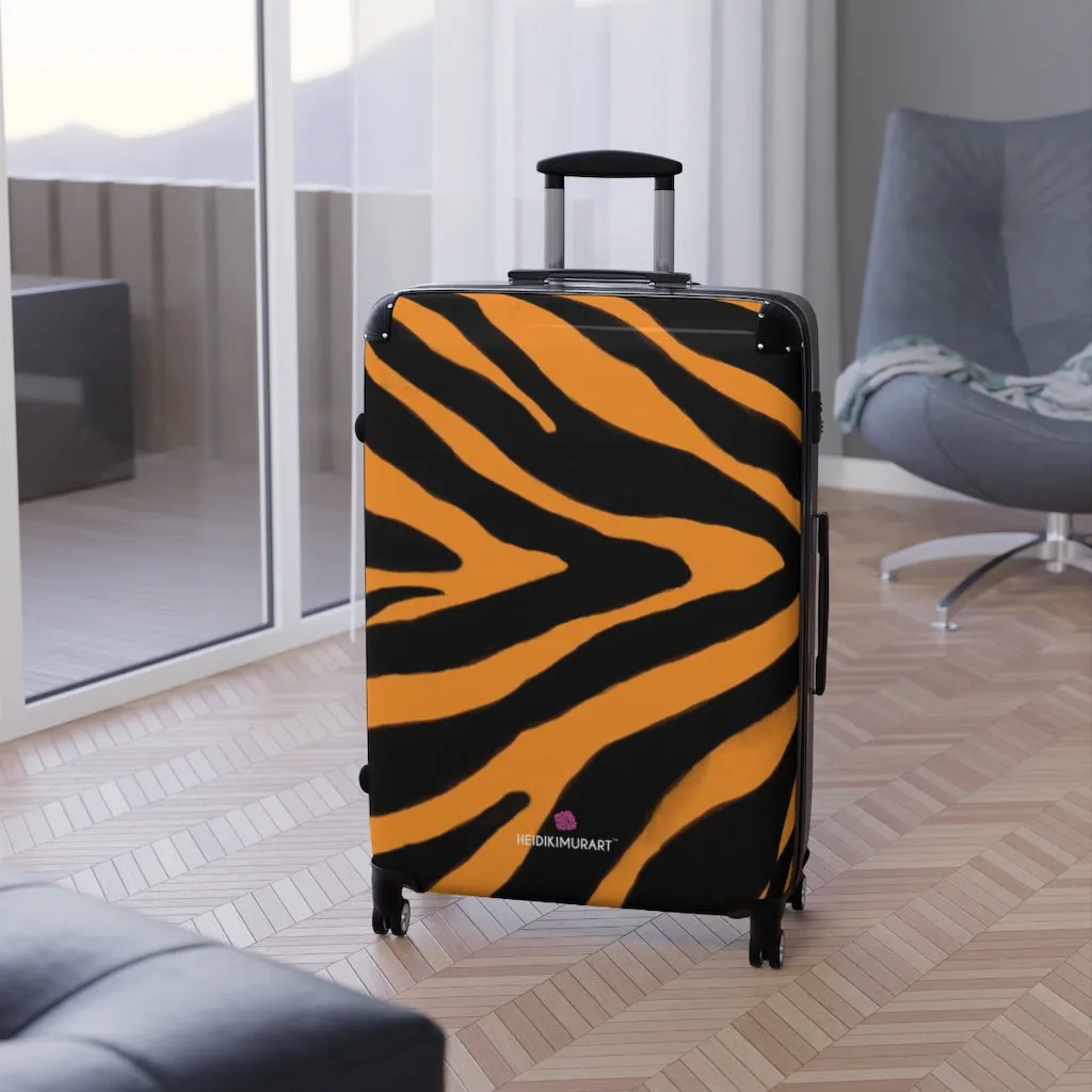 Orange Zebra Print Suitcases, Orange and Black Zebra Striped Animal Print Designer Suitcase Luggage (Small, Medium, Large)