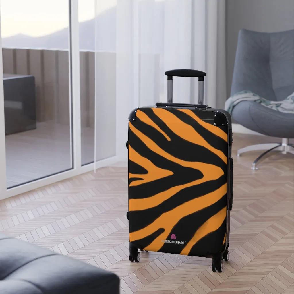 Orange Zebra Print Suitcases, Orange and Black Zebra Striped Animal Print Designer Suitcase Luggage (Small, Medium, Large)