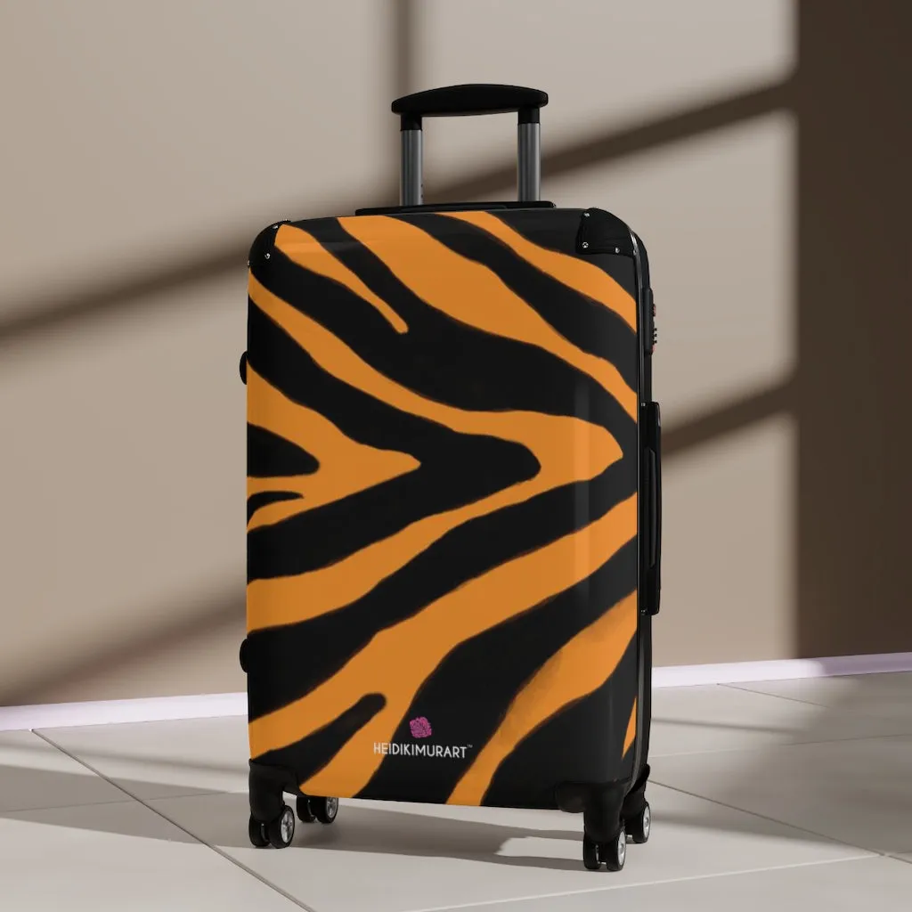 Orange Zebra Print Suitcases, Orange and Black Zebra Striped Animal Print Designer Suitcase Luggage (Small, Medium, Large)