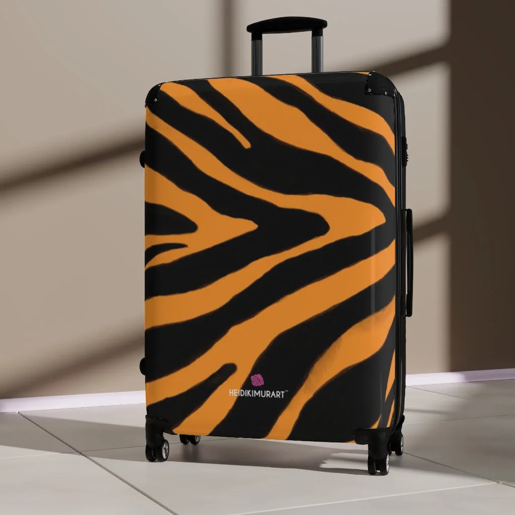 Orange Zebra Print Suitcases, Orange and Black Zebra Striped Animal Print Designer Suitcase Luggage (Small, Medium, Large)