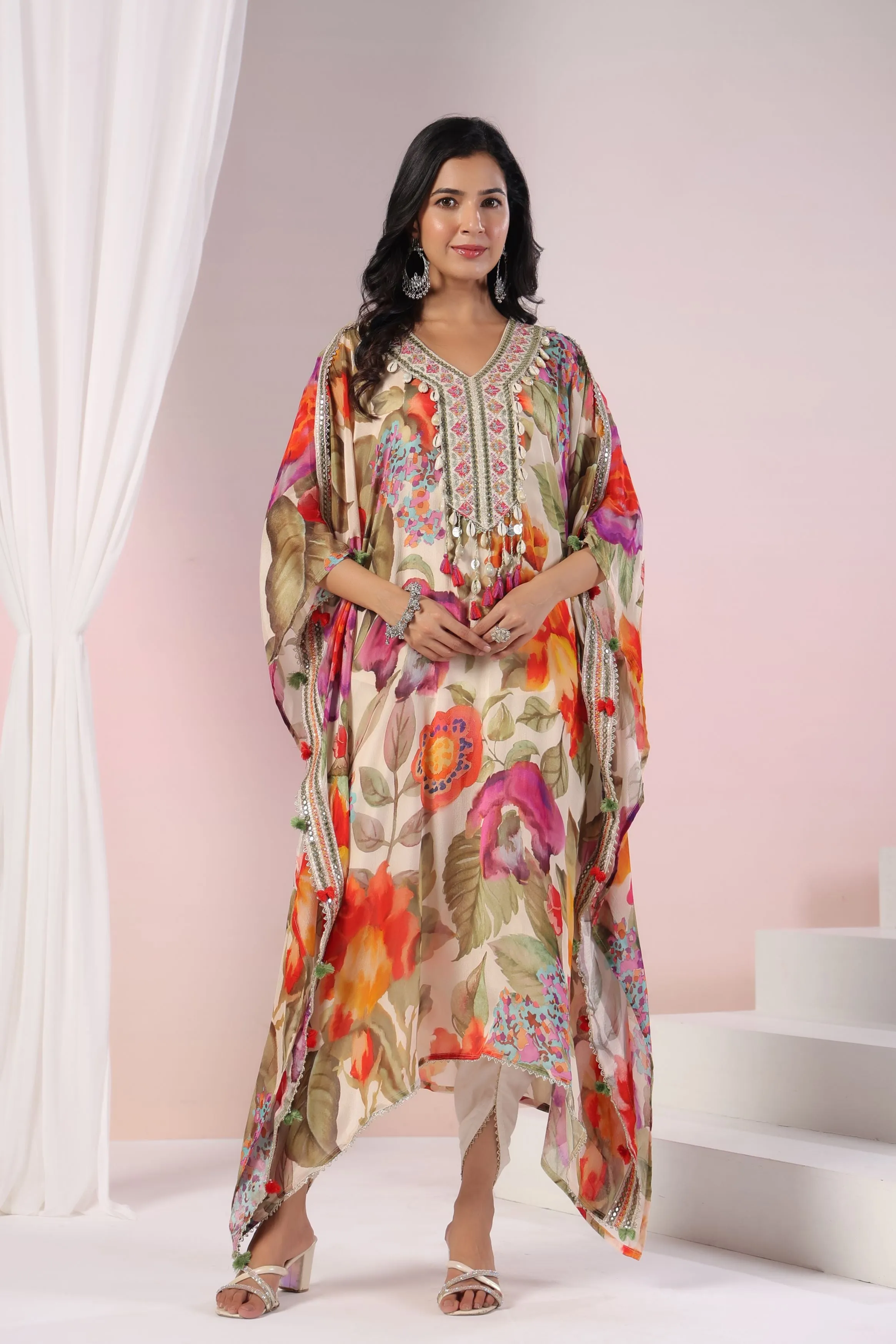 Pastel Cream Floral Printed Chinon Silk Kaftan Set