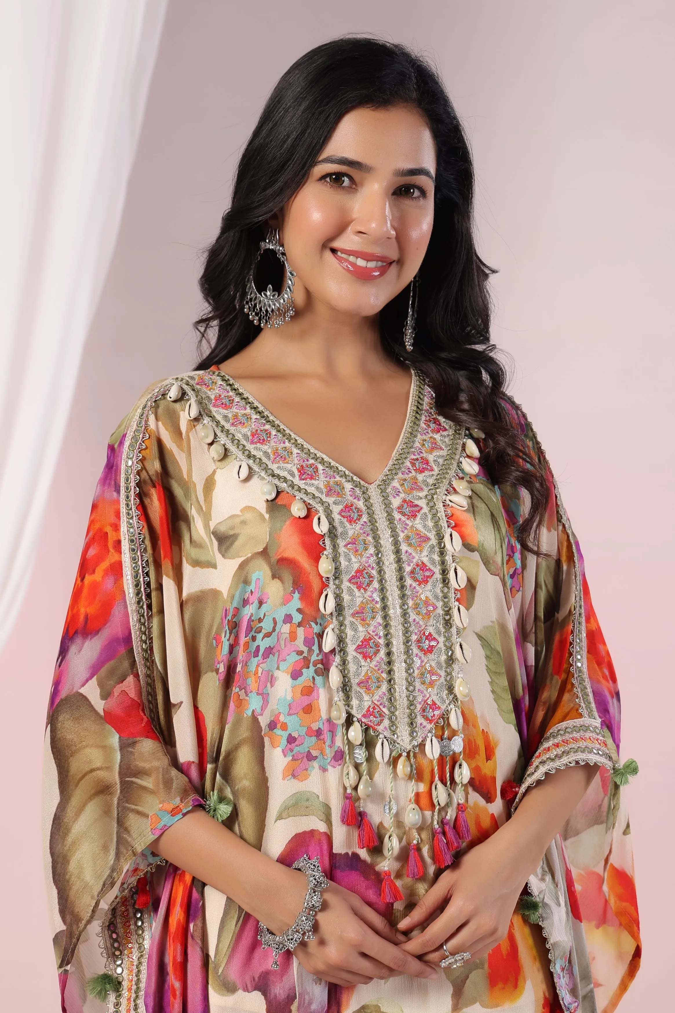 Pastel Cream Floral Printed Chinon Silk Kaftan Set