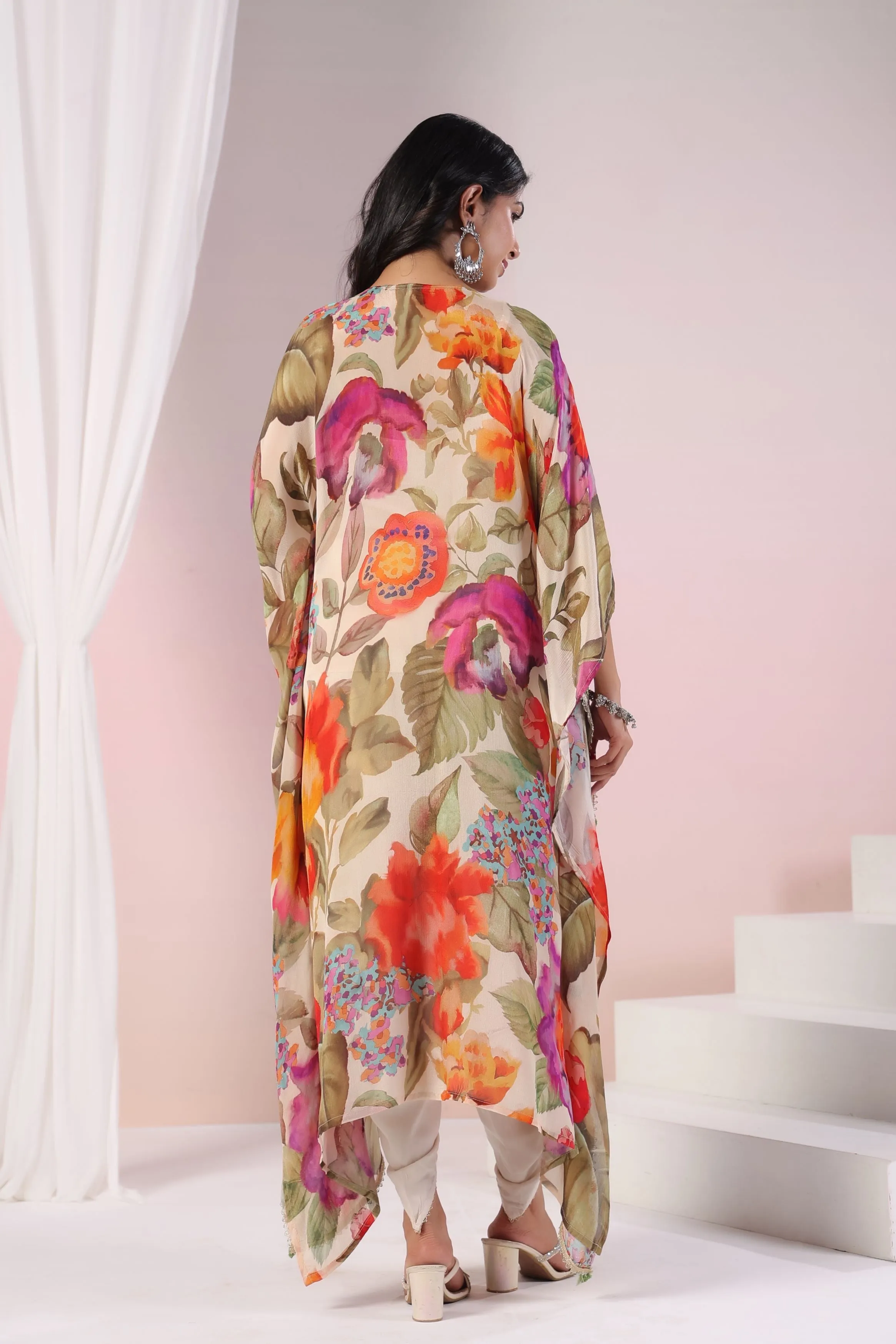 Pastel Cream Floral Printed Chinon Silk Kaftan Set