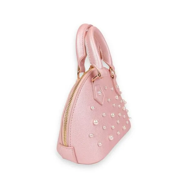 Pearl Studs Pink Leather Satchel Bag