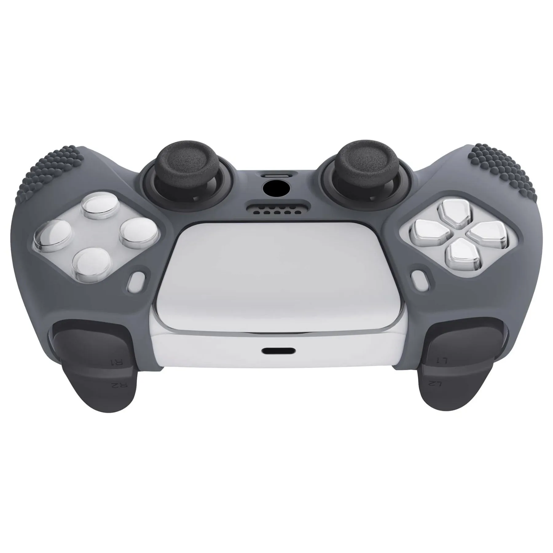 PlayVital Gray 3D Studded Edition Anti-slip Silicone Cover Skin for 5 Controller, Soft Rubber Case Protector for PS5 Wireless Controller with 6 Black Thumb Grip Caps - TDPF006