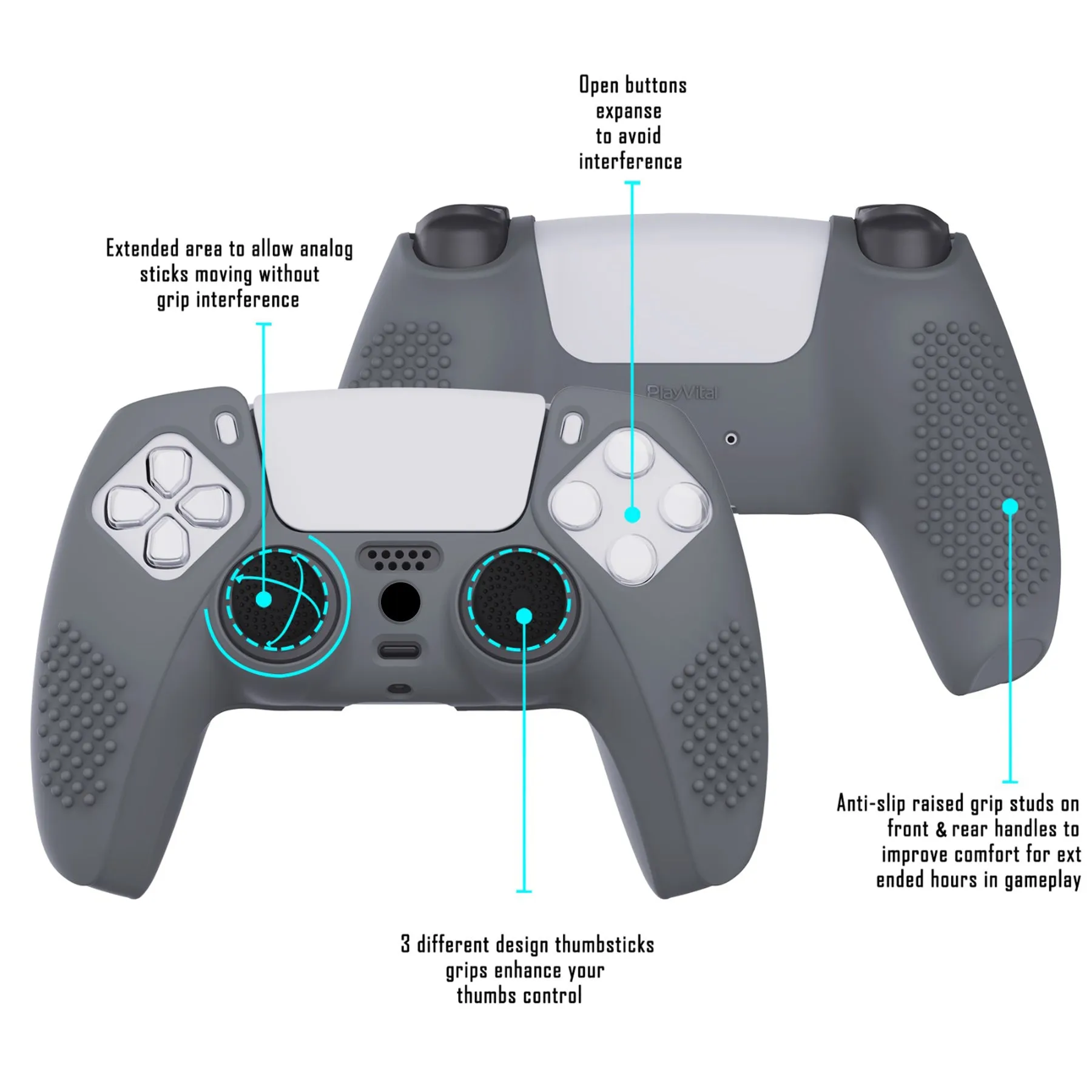 PlayVital Gray 3D Studded Edition Anti-slip Silicone Cover Skin for 5 Controller, Soft Rubber Case Protector for PS5 Wireless Controller with 6 Black Thumb Grip Caps - TDPF006