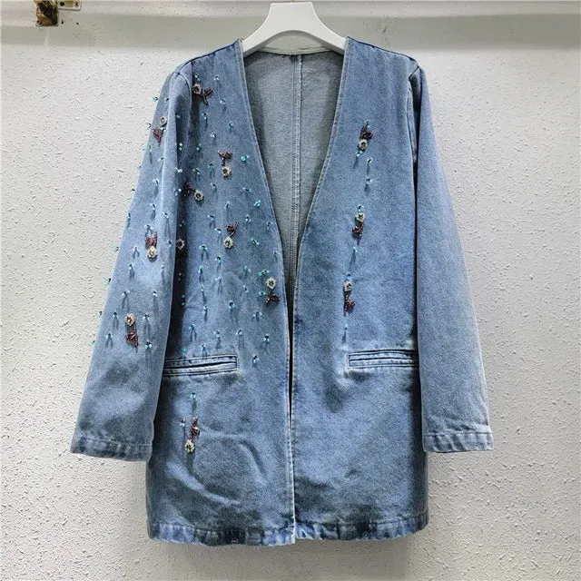 Pre Order:  Bead Studded Front Pockets Denim Jacket