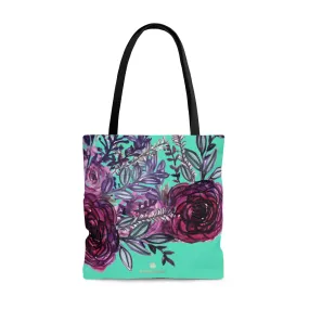 Purple Rose Floral Tote, Turquoise Blue Rose Flower Floral Print Designer Women's Tote Bag - Made in USA