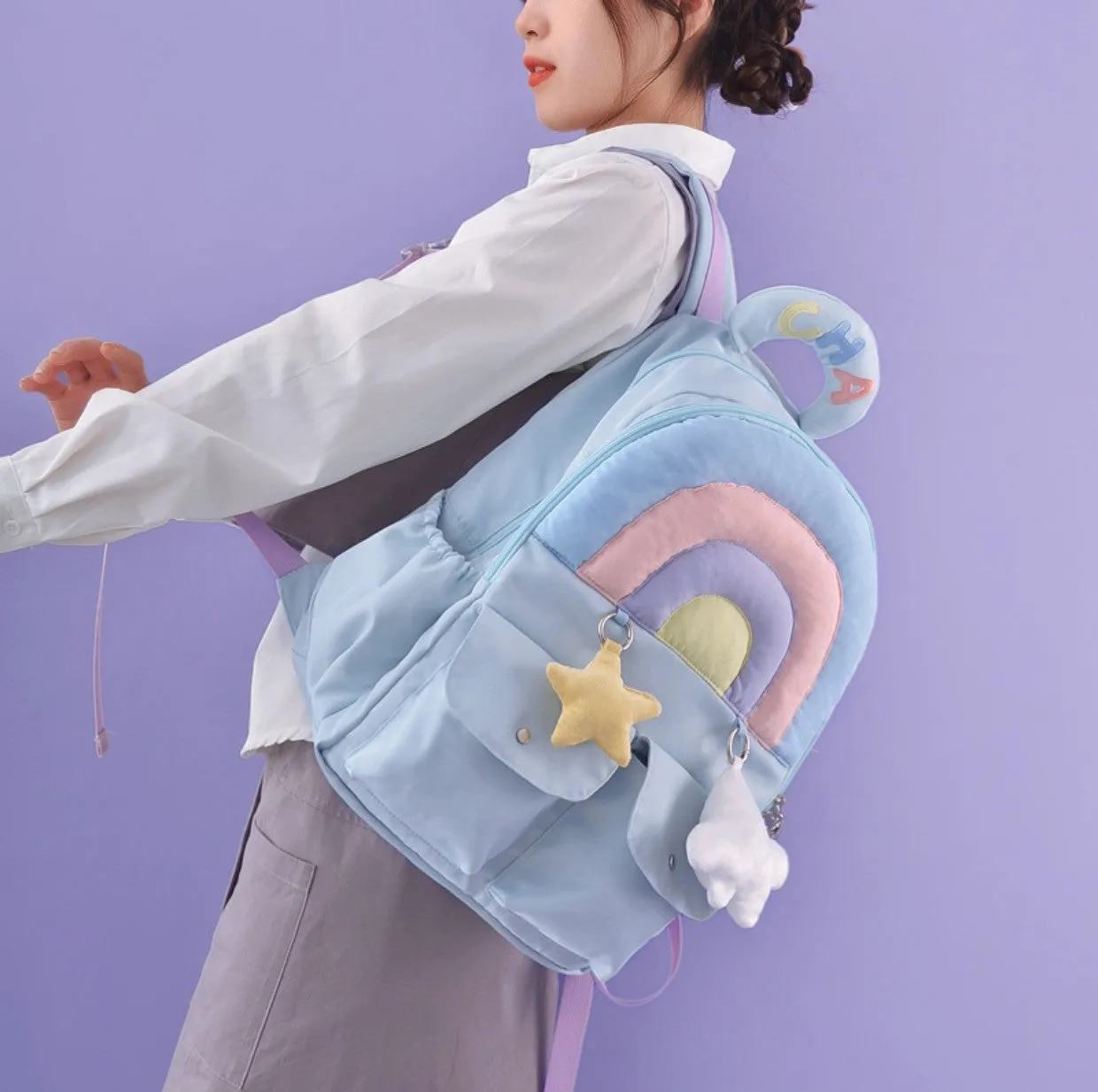 Rainbow Pastel Colorful Blue Purple Star Cloud Cute Y2K Bag Backpack