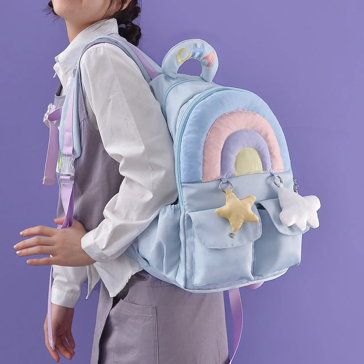 Rainbow Pastel Colorful Blue Purple Star Cloud Cute Y2K Bag Backpack