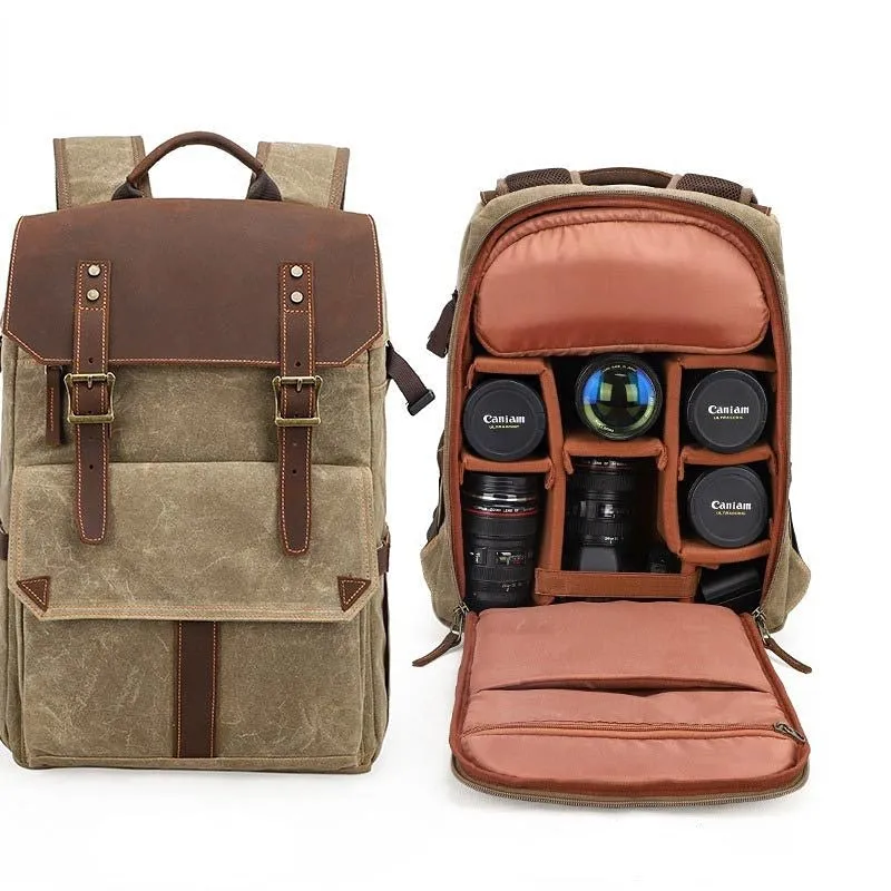 Shoulder Camera Backpack Large Capacity SLR Water-Proof Bag Wax Dye Canvas Camera Bag