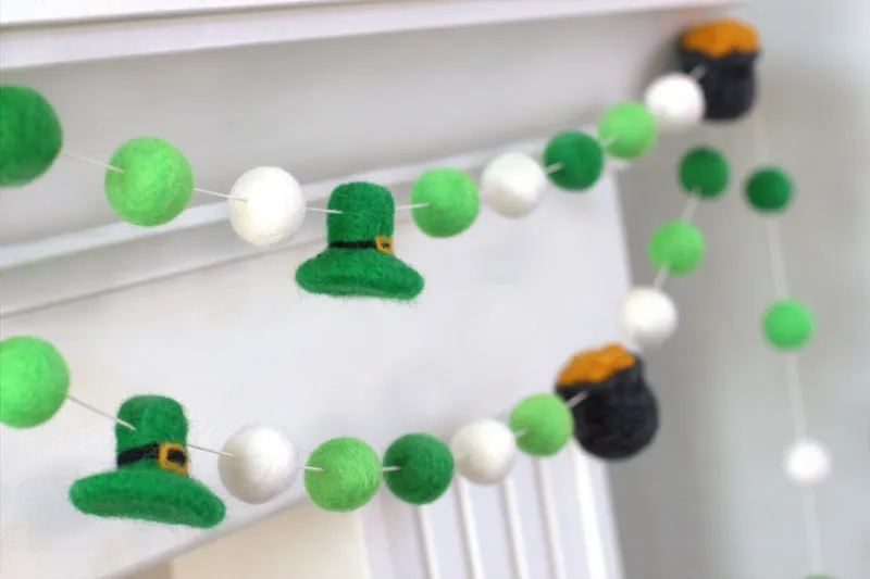 St. Patrick's Day Pot of Gold & Leprechaun Felt Ball Garland- Green & White