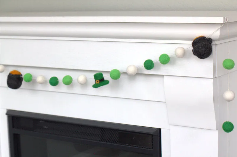 St. Patrick's Day Pot of Gold & Leprechaun Felt Ball Garland- Green & White