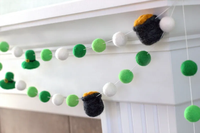 St. Patrick's Day Pot of Gold & Leprechaun Felt Ball Garland- Green & White