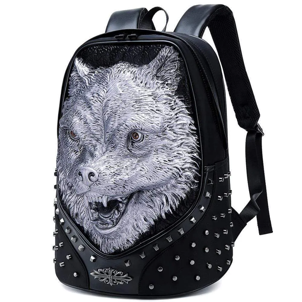 Studded Backpack Unisex 3D Angry Wolf PU Leather Casual Laptop Rivet Large Fashion Backpack