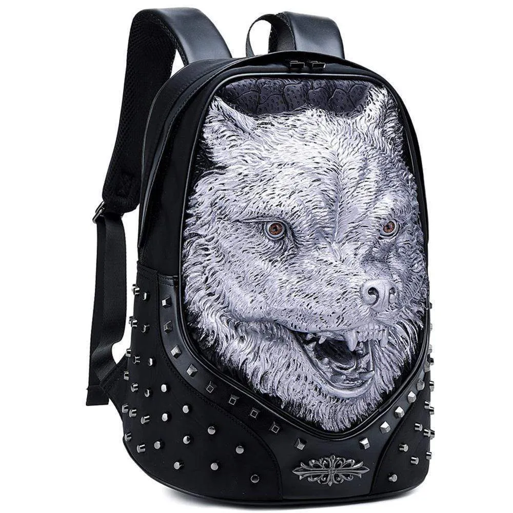 Studded Backpack Unisex 3D Angry Wolf PU Leather Casual Laptop Rivet Large Fashion Backpack