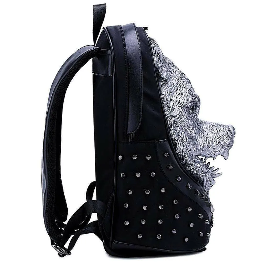 Studded Backpack Unisex 3D Angry Wolf PU Leather Casual Laptop Rivet Large Fashion Backpack