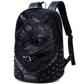 Studded Backpack Unisex 3D Angry Wolf PU Leather Casual Laptop Rivet Large Fashion Backpack