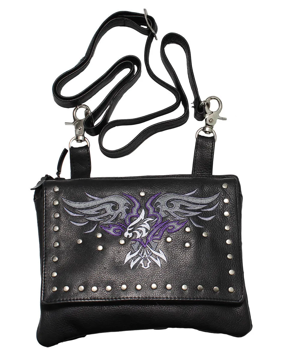 Studded Naked Cowhide Leather Gun Holster Belt Bag with Purple & Silver Eagle