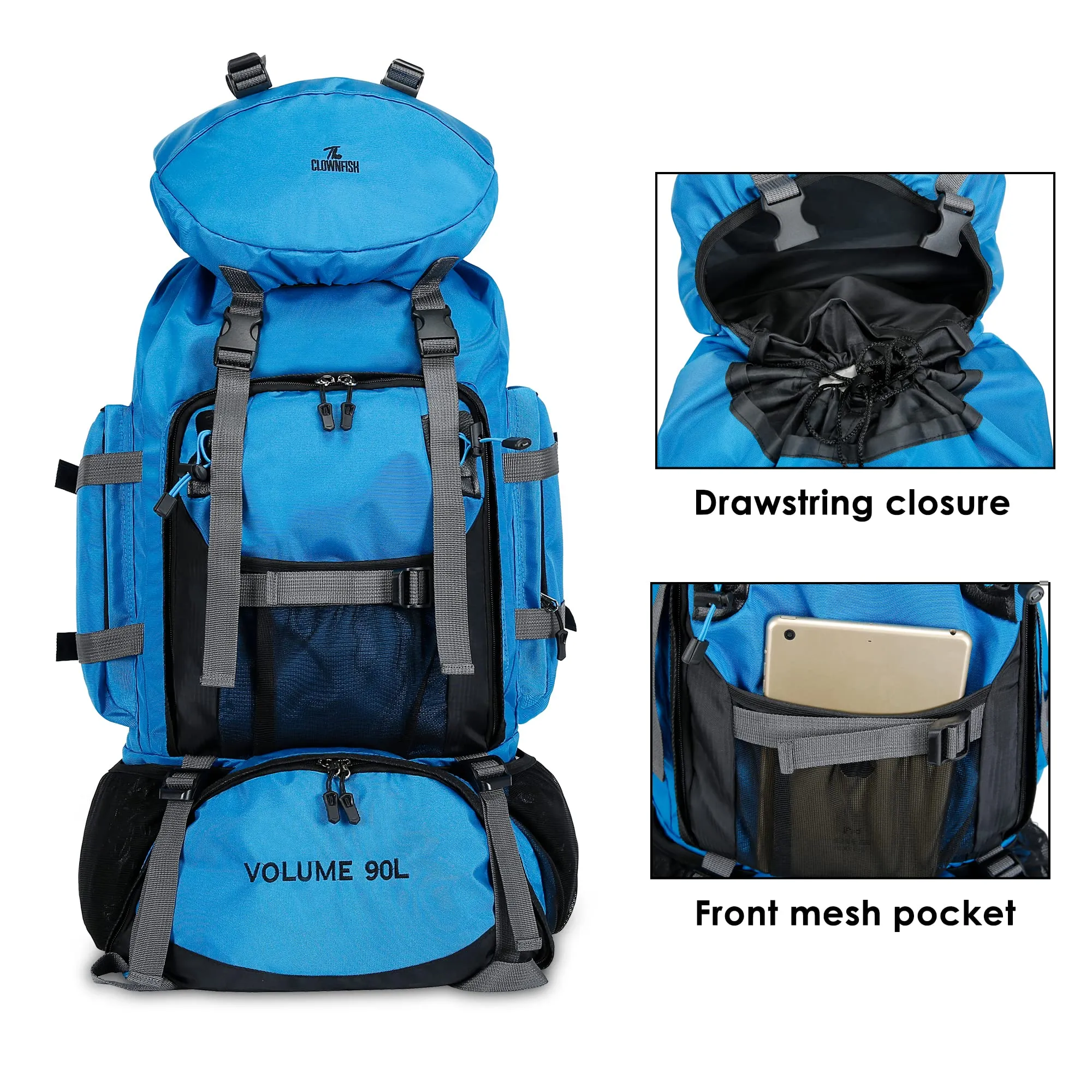 THE CLOWNFISH Summit Seeker 90 Litres Polyester Travel Backpack for Mountaineering Outdoor Sport Camp Hiking Trekking Bag Camping Rucksack Bagpack Bags (Sky Blue)