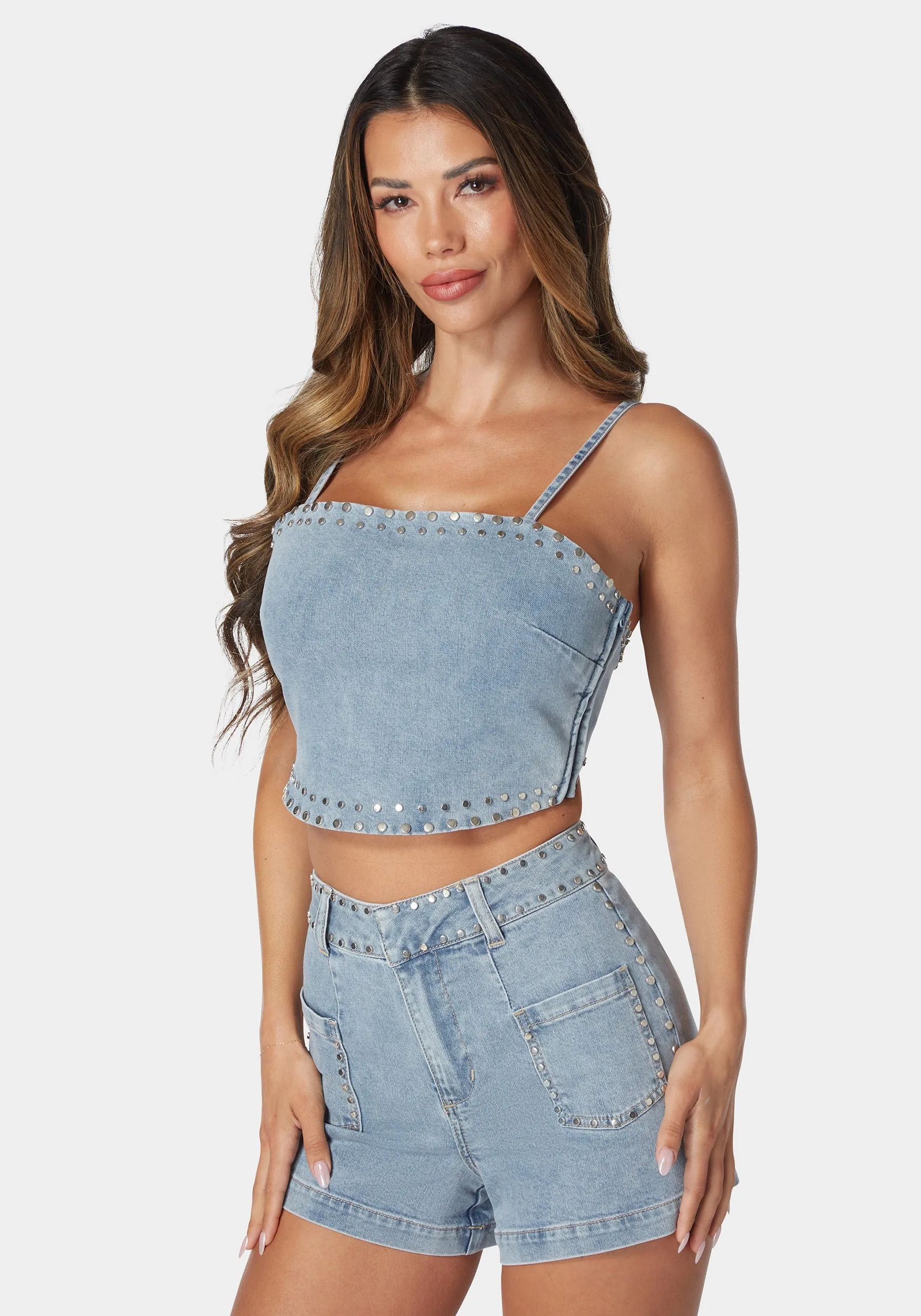 Twist Back Studded Denim Top